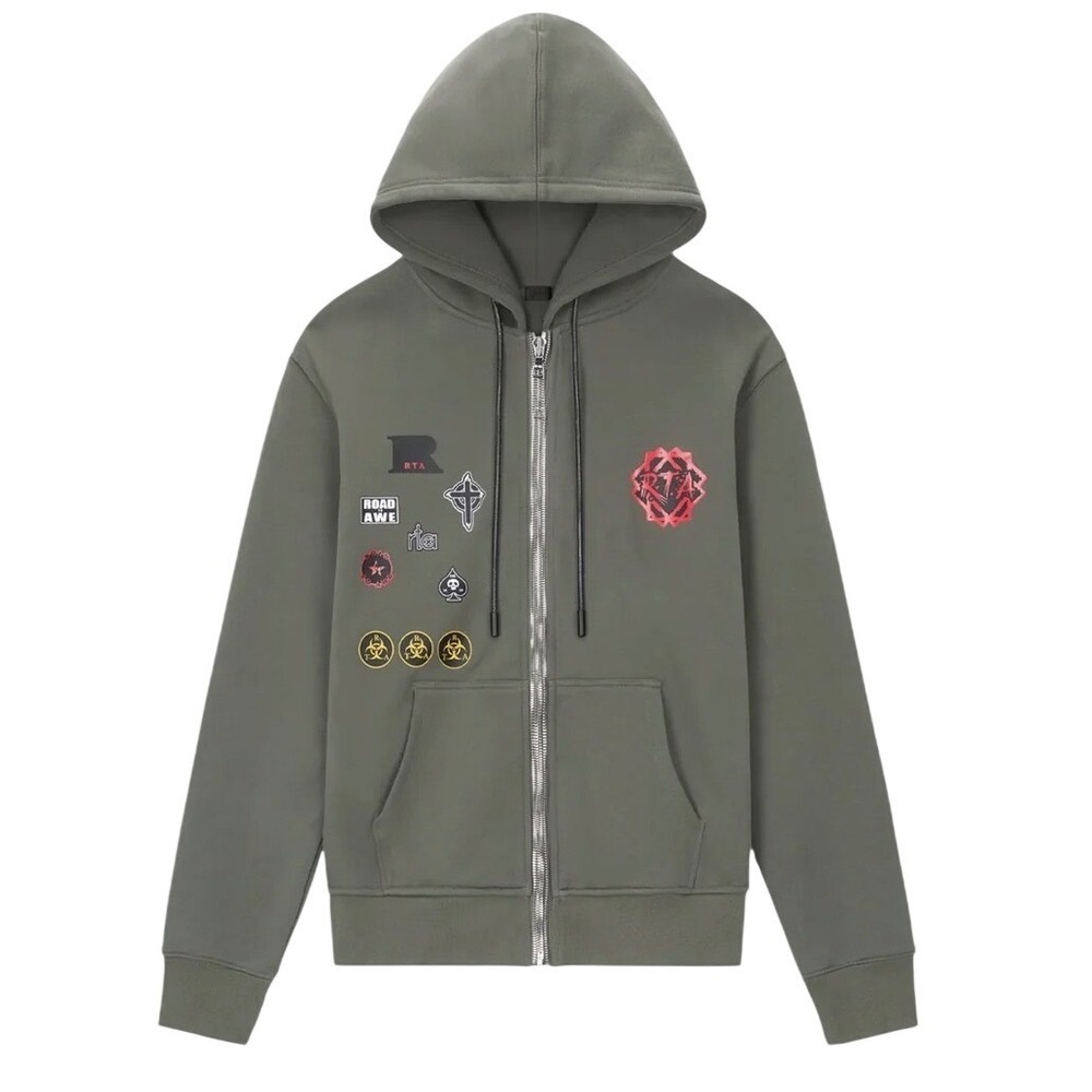 RtA Mens Floyd Multi Patch Zip Up Hoodie Military Green XXL MLFQK909-T2009OLMTP